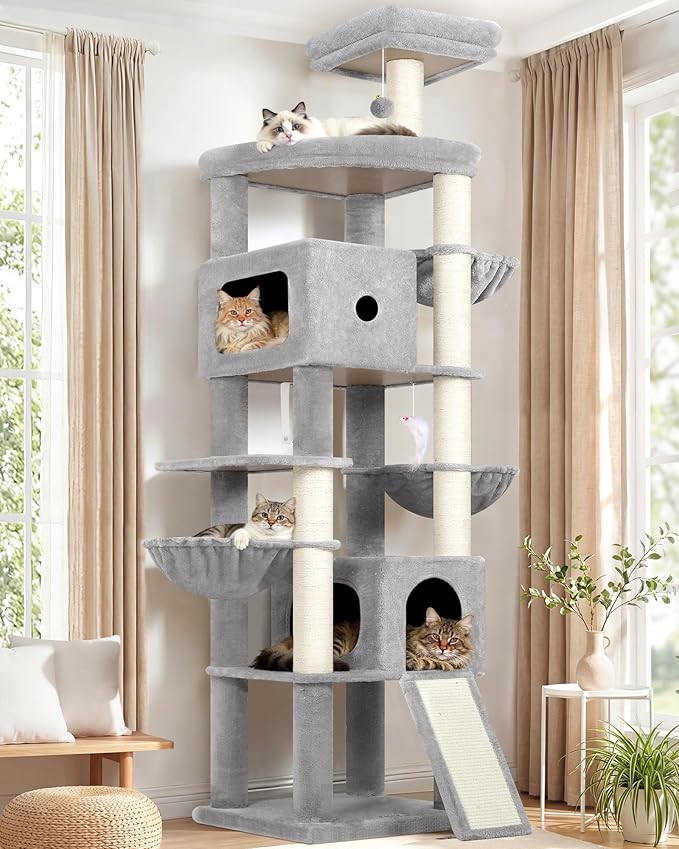 Globlazer Heavy Duty Cat Tree, 83 Inch Giant Cat Tower with 7 Scratching Posts, Multi-Level Large Cat Condo for Indoor Cats Large Adult, 2 Perchs, 3 Sturdy Hanging Baskets, Cat Toys, F83C, Light Grey