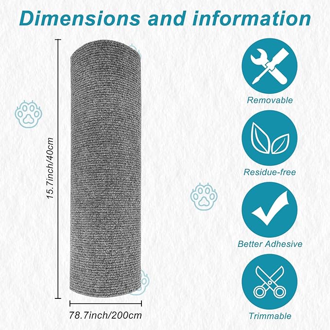 Trimmable Cat Scratching Post Carpet Covered 78.7”x15.8” Self-Adhesive Cat Tree Shelves Replacement Parts Mat Cat Scratcher for Cat Tree Shelf Shelves Steps Couch Furniture DIY Protector