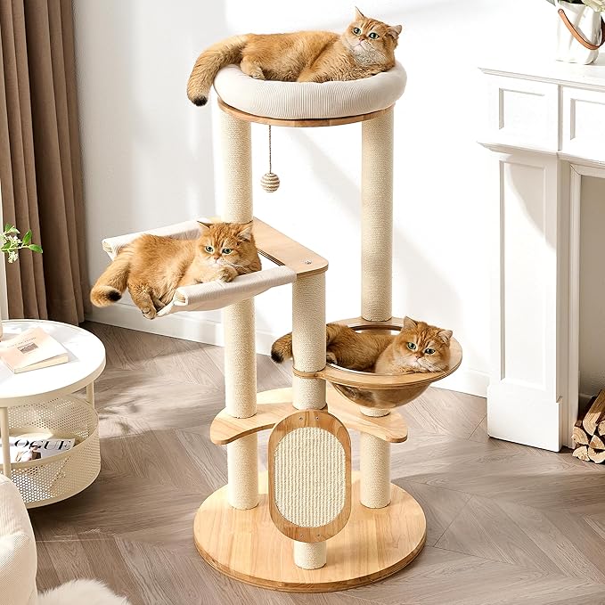797Audio Modern Wood Cat Tree Tower, 49" Cat Tree with Sisal Scratching Posts, Capsule, Hammock and Scratch Pad for Indoor Cats, Solid Rubber Wooden Cat Tree, Multi-Level Tree for Large Adult Cat