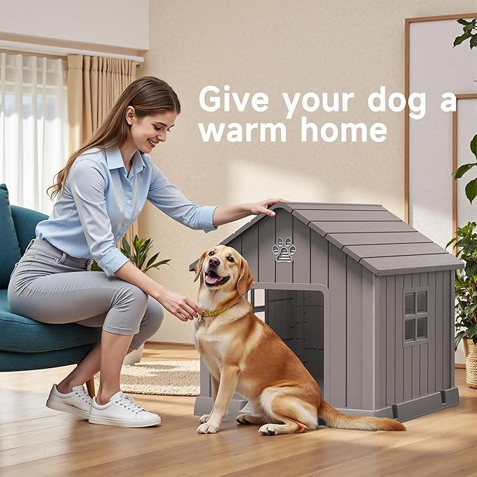 VIXZEN Dog House Outdoor, 38 Inches Weatherproof Resin Dog House Indoor Large with Air Vents & Elevated Floor, Doghouse Outdoor for Large Dogs, Easy Assembly, Versatile Storage Functionality (Grey)
