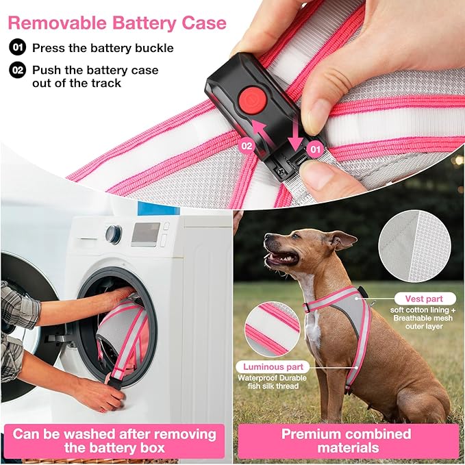 ChalkLit Light Up Dog Harness, No Pull Led Dog Harness Glow-in-The-Dark for Night Walking, USB Rechargeable Lighted Safety Vest for Small Dogs, Adjustable Soft Mesh Fully Illuminated (Pink, Small)