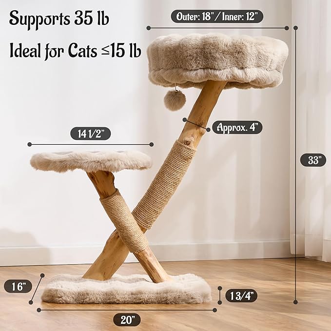 Natural Wood Cat Tree for Indoor Cats Large Adults, 33in Modern Cat Tree Tower with Super Soft Plush Cat Bed & Perch, Sisal Scratching Posts and Hanging Plush Ball, Soft Khaki