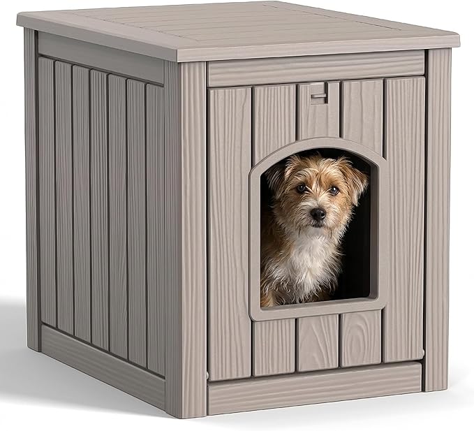 DRATO Outdoor Indoor Dog House,Resin Material Ventilate Waterproof Added to The Bottom,Multi-Functional Pet House for Small to Medium Dog (Light Brown, Medium)