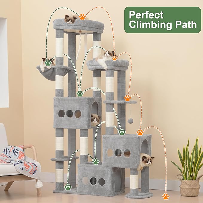 Cat Tree for Large Adult, 71.7'' Tall Cat Tower for Indoor Cats, Sturdy Heavy Duty Cat Tree Tower for 20 lbs+Cats, 3 Big Cat Condos, 10 Scratching Posts, 3 Platforms, Light Gray GCT036W