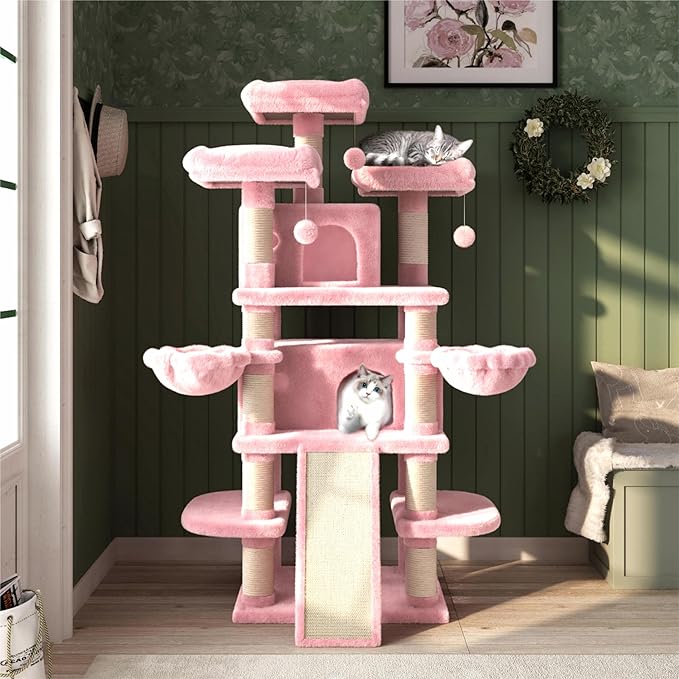 MUTICOR 68 Inches Multi-Level Large Cat Tree Tower with Condo/Cozy Plush Perches/Sisal Scratching Posts and Hammocks/‌Feline Activity Center Play House/Wide Base/Pink