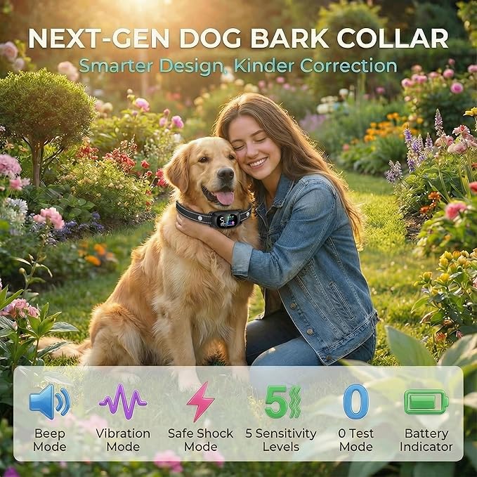 2in1 Bark Collar for Large Medium Small Dogs Shock Collar Smart Rechargeable Anti Stop Barking Device Training Collar Automatic and Manual Mode with Remote Tag Beep Vibrartion Shock for All Breeds