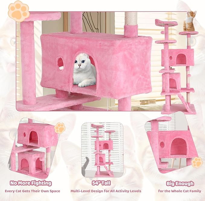 Large Cat Tree, 54 Inches Cat Tower Condo with Scratching Post for Indoor Cats, Wrapped Sisal Pole, Platform, Baskets & Dangling Toy, Pink