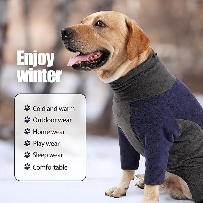 Winter Coat - Warm Fleece Dog Jacket, Windproof Pullover Jumpsuit, Fullbody Pajamas Onesie for Medium Large Dogs (Medium, Blue)