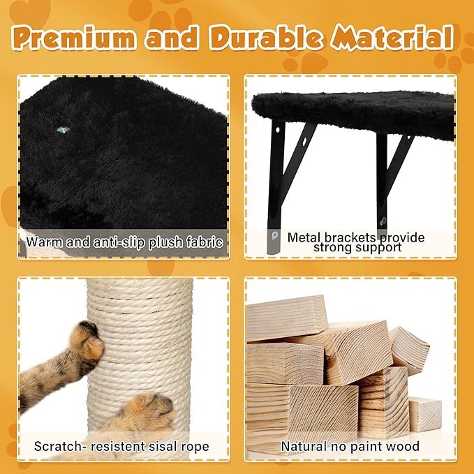 5 Pcs Wall-Mounted Climber Set, Wood Indoor with Shelves and Perches, Ladder, Condo House, Scratching Board and Tree, Wall Shelves Furniture for Cats (Black)