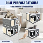 2-Story Cat House for Indoor Cats, Dual-Purpose Cave Bed with Scratch Pad and Fluffy Ball, Foldable Cat Hideaway, Cute Condo Furniture for Multi Small Pet Kitten, Grey