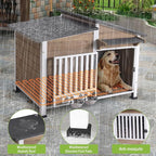 Heated Dog House for Outdoor Use with Matel Frame, Waterproof Design & Heating Blanket - All-Weather Wooden Kennel with Sliding Window & Metal Frame (Brown-1-H, L)