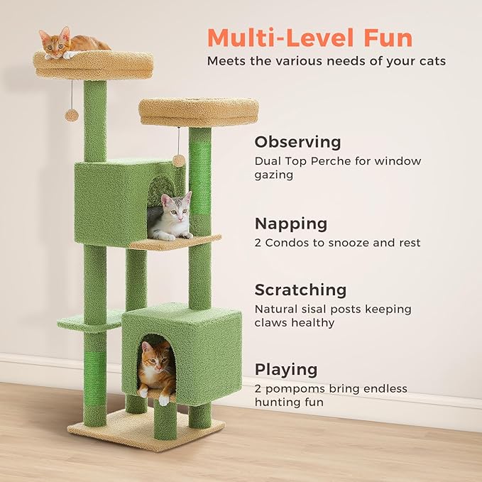 PEQULTI 53" Cat Tree for Indoor Cats, Multi-Level Cat Tower with Cozy Cat Condo Clearance Prime, Green