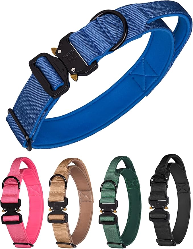 Tactical Dog Collar for Medium Large Dogs,Thick Heavy Duty with Handle Metal Buckle for Training, Walking, Running. (L, Blue)