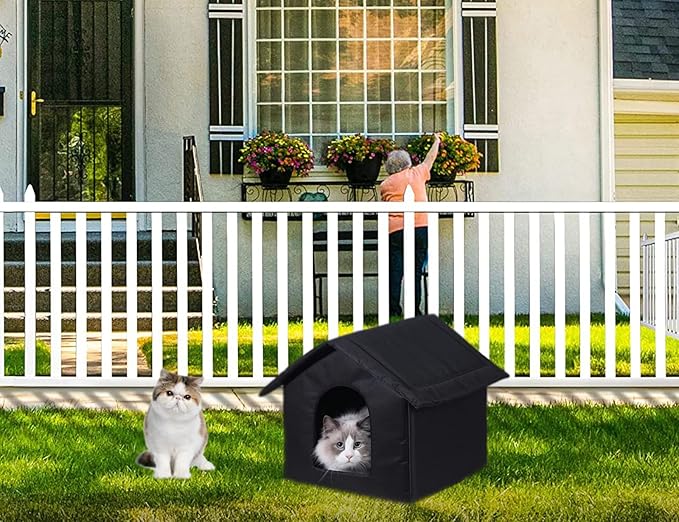 Cat Houses for Outdoor Cats, Weatherproof Outdoor House for Feral Cats, Warm Stable Stray Cats Shelter in Winter Black Medium