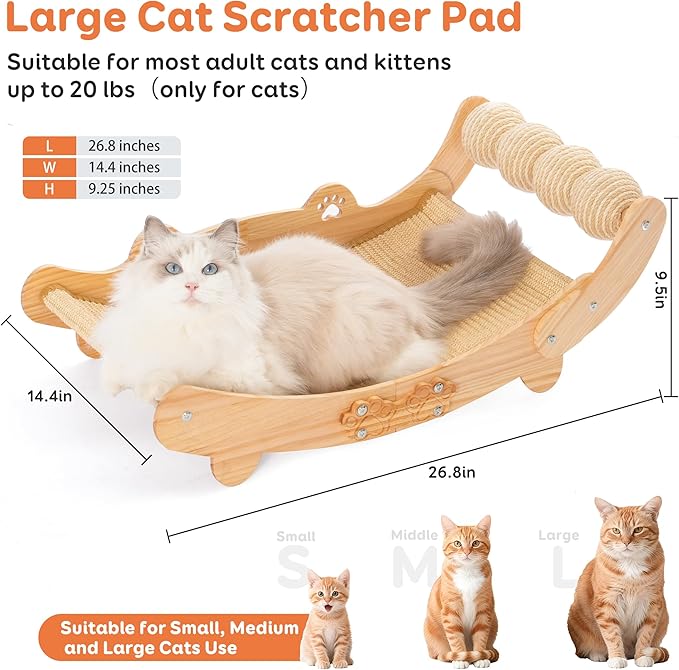 Large Sisal Cat Scratch Pad, Nartural Soild Wood Cat Scratcher Bed with Sisal Scratching Felt and 4 Balls for Indoor Cats Scratch & Lounger & Sleep (Large Size, Nature Wood)