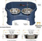 Neater Feeder Deluxe Mess-Proof Elevated Cat Bowls, 2 Height Adjustable (6” & 7.5”) No-Spill Raised Cat Bowl Stand, Whisker Friendly Stainless Steel Dishes for Indoor Cats, Made in USA, Dark Blue