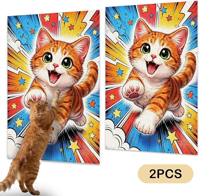 Nuxovilar Cat Wall Scratcher 15.3x23.6 Inches Polyester Synthetic Fiber, Comic Style Kitten Print, wall scratchers for Indoor Cats, cat Scratch pad, Home Decor, Kids Room, Den (2pcs)