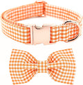 Tunkoo Dog Collar with Bow Tie Elegant Plaid Soft Comfy Cotton Adjustable Collar Premium Metal Buckle,Small Medium Large Puppy Cat Outdoor Training Walking Running（Orange Grid，L）