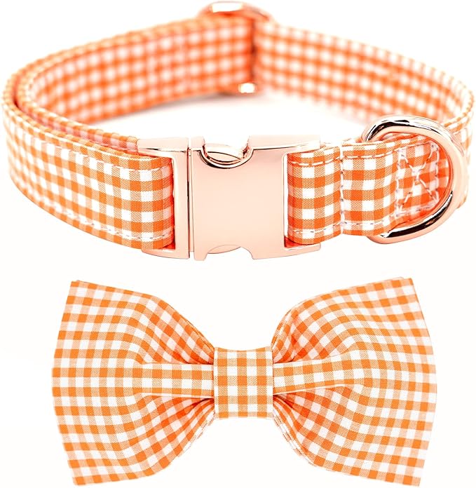 Tunkoo Dog Collar with Bow Tie Elegant Plaid Soft Comfy Cotton Adjustable Collar Premium Metal Buckle,Small Medium Large Puppy Cat Outdoor Training Walking Running（Orange Grid，L）