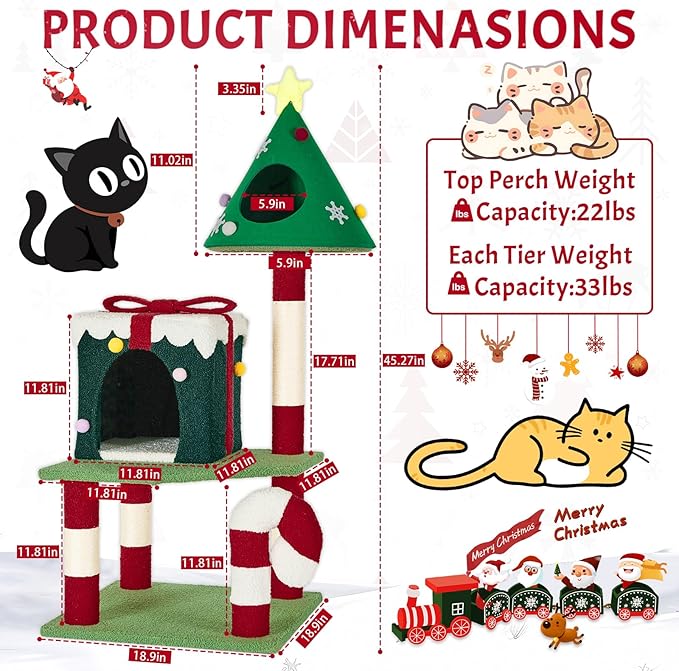 Christmas Cat Tree Tower for Indoor Cats - 45In Multi-Level Cat Climbing Tower with Cat Condos, Xmas Tree Gift Box Shaped Condo Candy Cane Design Cute Cat Tree Tower Holiday Decoration