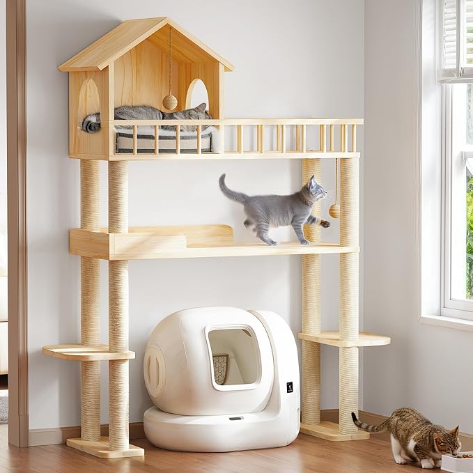 Wood Cat Tower for Automatic Litter Box, 60" Tall Cat Tree with Scratching Post, Multi-Level Solid Wood Cat Tree for Indoor Large Cats, Tall Cats Scratching Post Furniture w/House, Burlywood