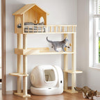 Wood Cat Tower for Automatic Litter Box, 60" Tall Cat Tree with Scratching Post, Multi-Level Solid Wood Cat Tree for Indoor Large Cats, Tall Cats Scratching Post Furniture w/House, Burlywood