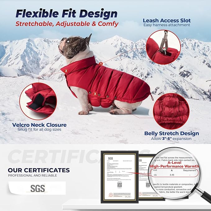 SPACE LION Dog Puffer Jacket, Down Winter Coat, Durable Outdoor Coat for Cold and Windy Conditions, Lightweight & Adjustable Fit Coats for Medium Dogs, (Red, Size14/L)