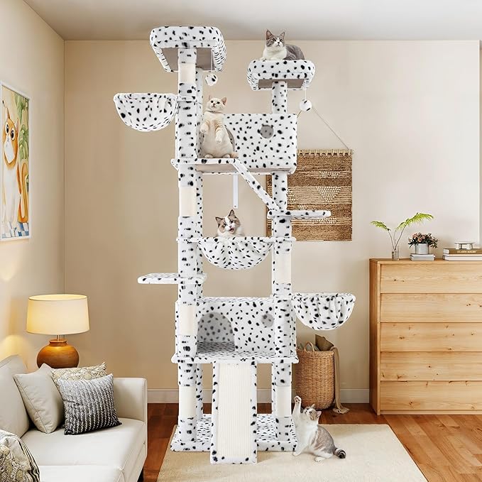 WEEWAY Cat Tree Tower for Indoor Cats,81'' Multi-Level Cat Furniture Activity Center,Stand House Condo Cave,Sisal Scratching Posts Ramps,Plush Perches Platforms Basket Hammock,White&Black Spot