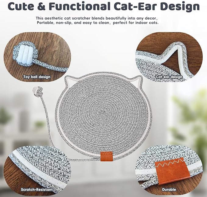 Handmade Woven Cat Scratcher Mat, 16.9"/19.7" Natural Cotton Rope Cat Scratching Pad for Indoor Cats, Non-Slip Flat Scratch Pad, Soft Durable Cat Lounging Mat with Ball Toy (Gray,19.7 in)