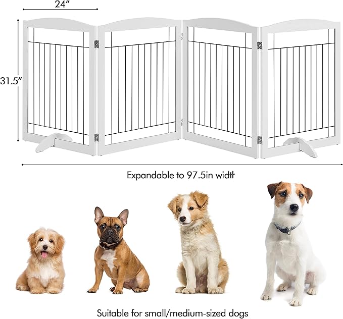 Yaheetech 32-inch Tall Dog Gate Extra Wide Pet Gate for Dogs Indoor Foldable Wire & Wooden Puppy Safety Fence w/2 Support Feet,Freestanding Dog Gate for The House, Doorway, Stairs(White,4 Panels)