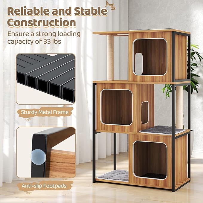 Tangkula Modern Cat Tree, 52 Inch Wooden Cat Condos with Metal Frame, Sisal Scratching Posts & Board, Washable Cushions, Multi-Level Cat Tower for Indoor Cats & Kittens (Natural)