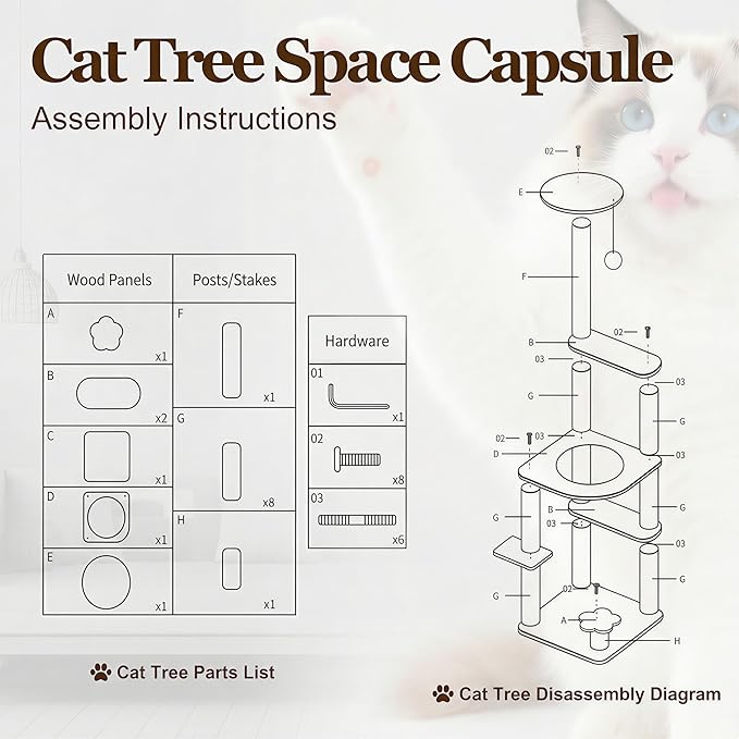 Cat Tree for Indoor Cats with Space Capsule, Multi-Level Cat Tower with Sisal Scratching Posts, 6 Level Cat Climbing Activity Center for Kittens and Adult Cats 43''