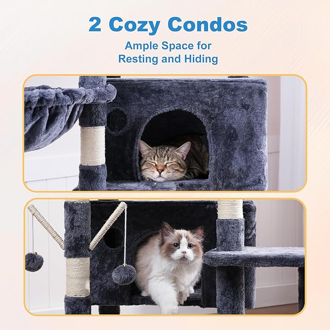 Hey-brother Cat Tree Tower, Sturdy Multi-Level Scratching Posts with Extra Supporting Part, 5 Teaser Toys, 2 Condos, Large Bed, Hammock, Scratch Baord for Indoor Cats, 82.7 Inches, Smoky Gray MPJ082G