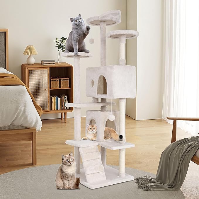 Heavy Duty Cat Tree with 70-Inch Tall Tower, 3 Perches & 2 Cozy Condos, Sisal Pole & Ladders for Large Cats, Beige