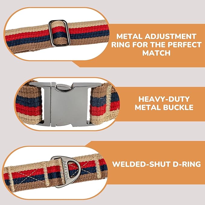 ADITYNA Cotton Dog Collar with AirTag Holder - Heavy-Duty Metal Buckle, Breathable, Easy Adjustable for Medium & Large Breeds - for Walking, Training (Vintage Stripes, Fits 15-21" Necks)