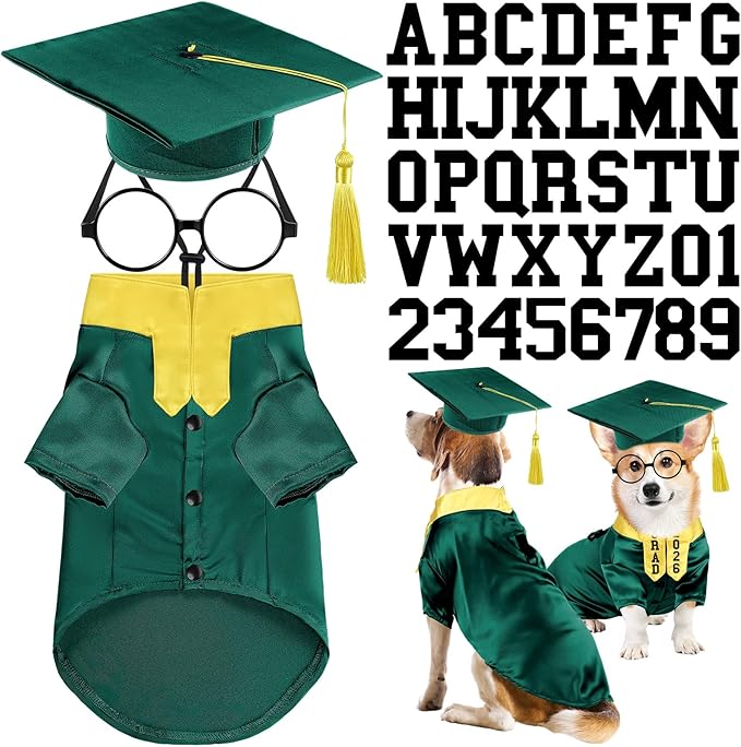 5 Pcs Dog Graduation Costume Set Include 2026 Pet Graduation Gown with Stole Puppy Grad Cap Lensless Glasses DIY Letter Stickers for Dogs Cats Holiday Costume Accessory(Green Yellow,L)