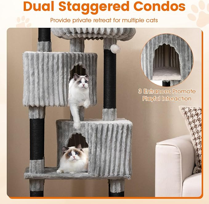 Tangkula Carpet Cat Tree, 62 Inch Tall Cat Tower with Scratching Posts, 2 Condos, 2 Perch Beds, Dangling Jingle Balls, Soft Flannel Covering, Unique Cat Tree for Indoor Cats