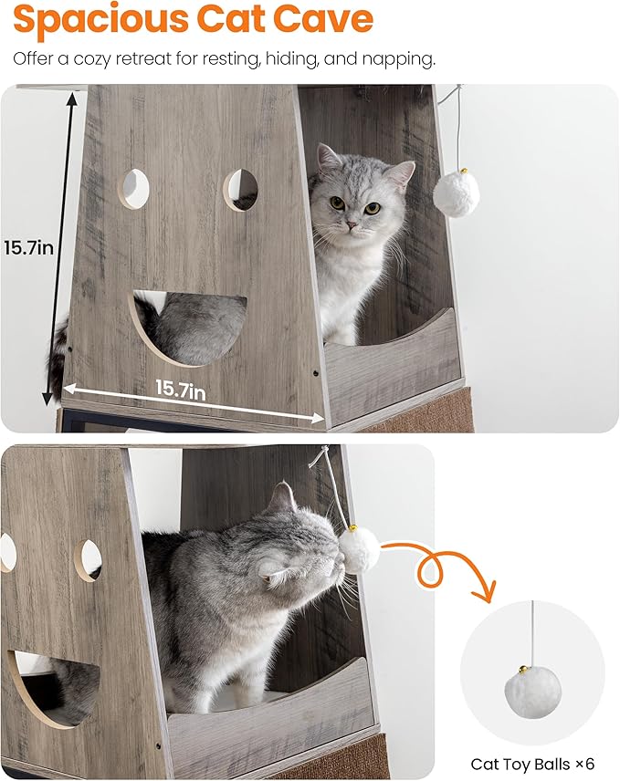 Modern Wood Cat Tree for Indoor Large Cats, 56 Inch Tall Cat Tower with Perch Bed, Multi-Level Trees with 2 Hammock, Cat Condo, Scratching Board, Removable Pads, Cat Furniture, Greige