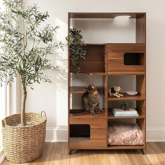 4 Cats & Dogs Clifford Cat Tree Bookshelf – Modern Pet Condo with Climbable Shelves, Multi-Level Tower, Indoor Dog Furniture, Space-Saving Bookshelf & Pet Nooks, 69”H x 36”L x 15”D (Walnut)