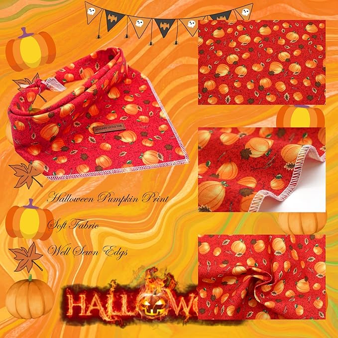 Elegant Little Tail Dog Bandana - Halloween Pumpkin Bandanas for Small, Medium, Large Dogs - Washable Square Scarf, Adjustable Kerchief for Girl Boy Dogs