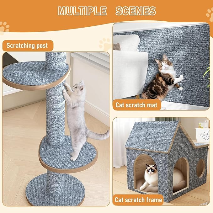 ReWallpaper 24inx6.5ft Cat Scratch Pad Large Sisal Textured Grey Cuttable Carpet Roll for Wall Window Sill Bedside Floor Area Furniture Covering Durable Cat Scratching Mat Self Adhesive Pet Claw Guard