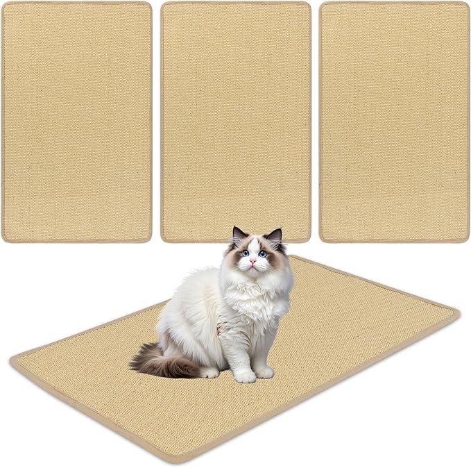 PETSITE Cat Scratcher Mat, Natural Sisal Scratching Mats, Horizontal Cat Floor Scratching Pad Rug with Adhesive Hook Loop Tapes (4, 31.5 x 19.69 in)
