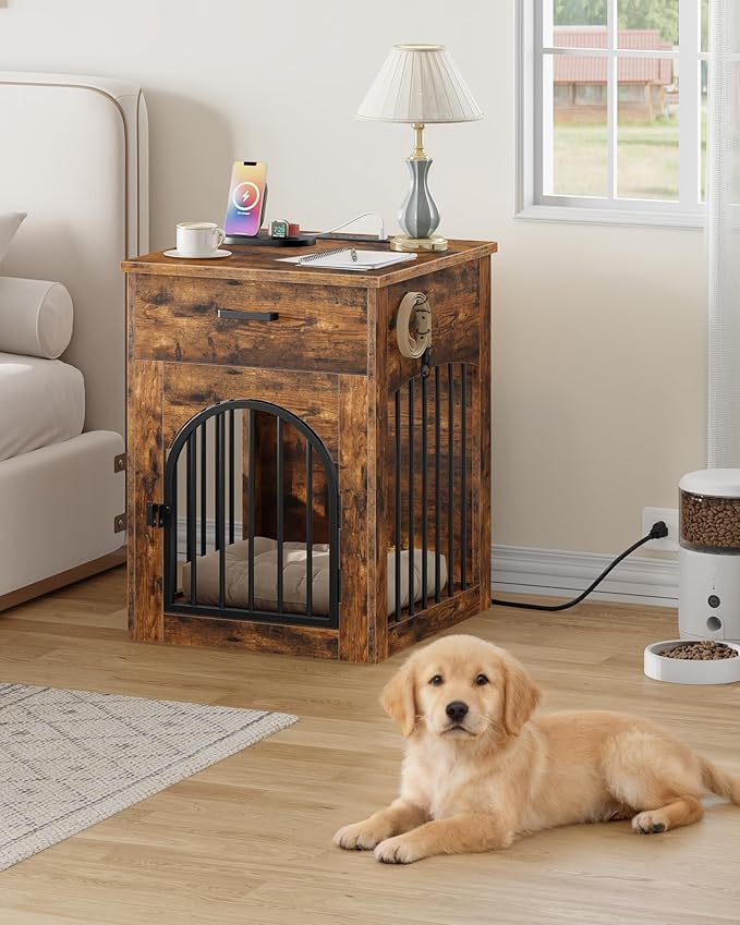 Dog Crate Furniture, Wooden Dog House with Charging Station and Storage Drawer, Indoor Pet Crate End Table for Small Breeds, for Living Room, Bedroom, Rustic Brown MGW01UFG