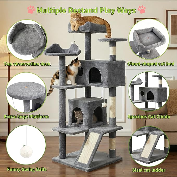 60.63in Cat Tree, Multi-Level Cat Tower with Spacious Kitten-Ear Perch, 2 Cozy Caves, Scratching Posts, Climbing Ladder, Durable Pet House Furniture for Indoor Kittens,Grey