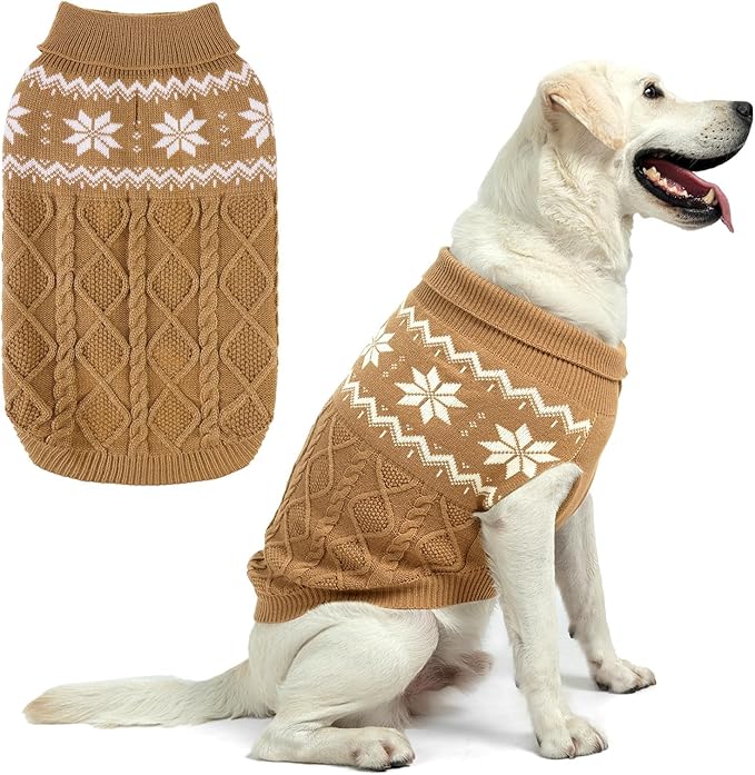 Warm Winter Pink Dog Sweater - Cold Weather Pet Clothes for Small Medium Large Dogs Indoor Outdoor, Soft Classic Knit Puppy Apparel Coat, Khaki, XL