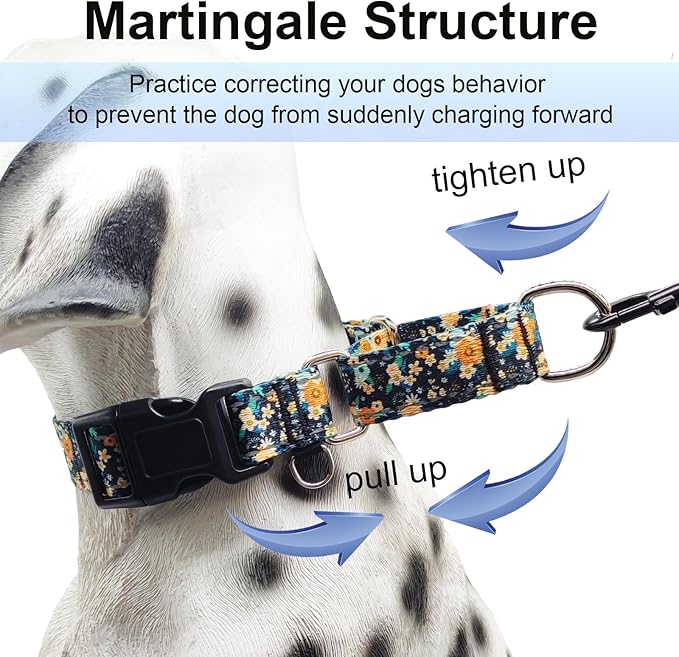 Reflective Martingale Dog Collar with Buckle Soft Nylon Floral No Slip Dog Collars for Puppy Dogs (Black Orange Flowers, XS)