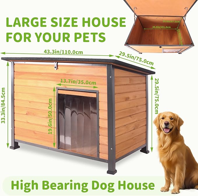 Dog House Outdoor Weatherproof, Sturdy Large Breed Doghouse Anti-Chewing Iron Frames Wood Houses, Dog Shelter for Indoor Puppies, Cats
