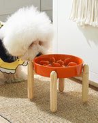 LE TAUCI Ceramic Slow Feeder Puzzle Bowl Elevated 3 Cup with Wooden Stand for Medium Large Dog, Fast Eater Slow Eating Food Bowl, Sun Orange