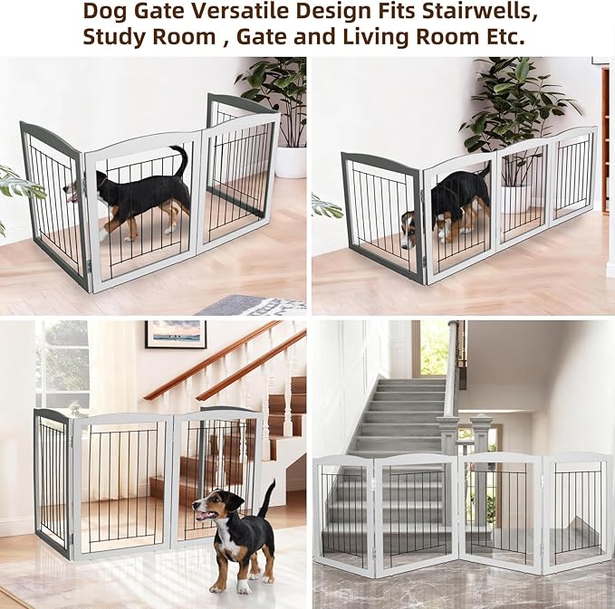 ZJSF Freestanding Foldable Dog Gate for House Extra Wide Wooden Indoor Puppy Gate Stairs Doorways Pet Gate Tall Dog Fence 2 Panels Fence Grey