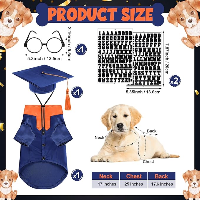5 Pcs Dog Graduation Costume Set Include 2026 Pet Graduation Gown with Stole Puppy Grad Cap Lensless Glasses DIY Letter Stickers for Dogs Cats Holiday Costume Accessory(Blue Orange,L)